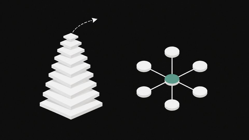 A ranked vertical stack of plates with an arrow leading away, shown beside a radial hub with a glowing core node and spokes that stay self-contained, contrasting search ranking with answer citation.