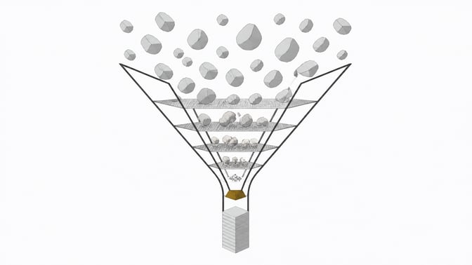 A funnel with internal filtering gates transforms a scatter of irregular rough blocks into a neat stack of uniform rectangular tiles, illustrating how a spec filters rough intent into precise, verifiable output for AI coding agents.
