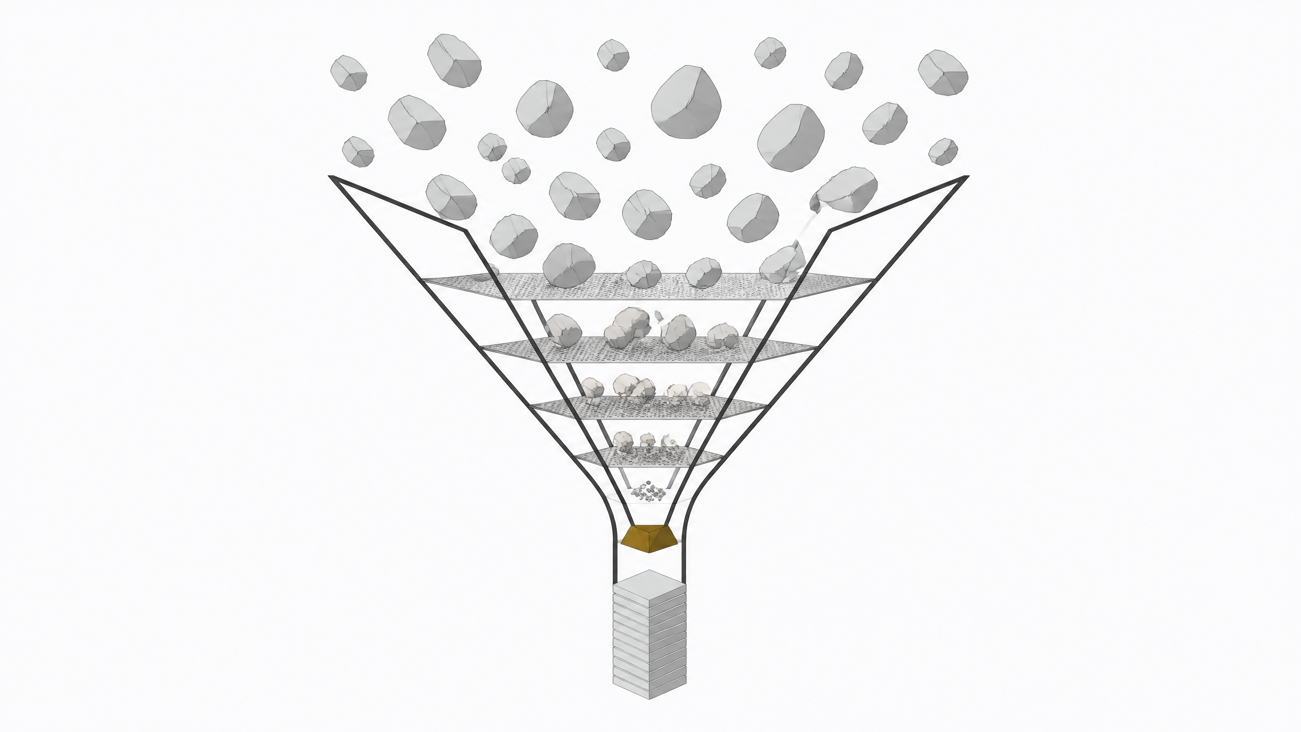 A funnel with internal filtering gates transforms a scatter of irregular rough blocks into a neat stack of uniform rectangular tiles, illustrating how a spec filters rough intent into precise, verifiable output for AI coding agents.