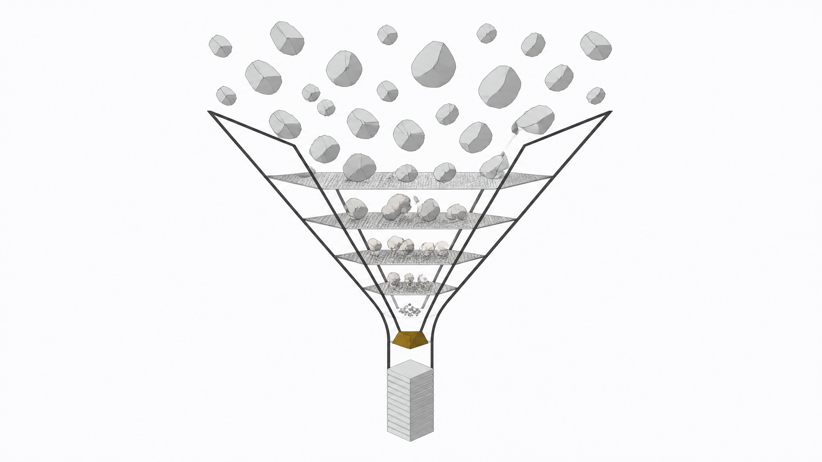 A funnel with internal filtering gates transforms a scatter of irregular rough blocks into a neat stack of uniform rectangular tiles, illustrating how a spec filters rough intent into precise, verifiable output for AI coding agents.