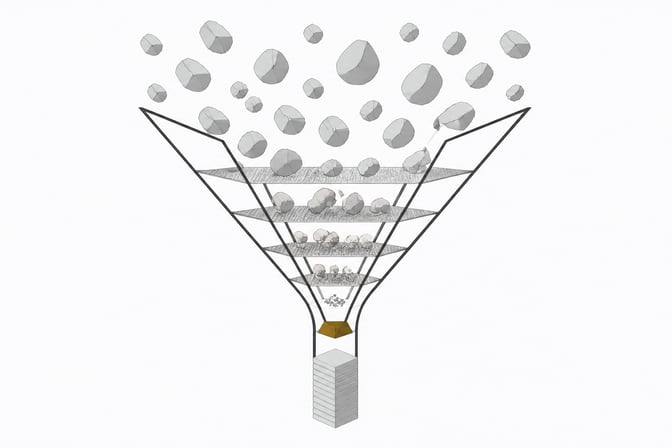 A funnel with internal filtering gates transforms a scatter of irregular rough blocks into a neat stack of uniform rectangular tiles, illustrating how a spec filters rough intent into precise, verifiable output for AI coding agents.