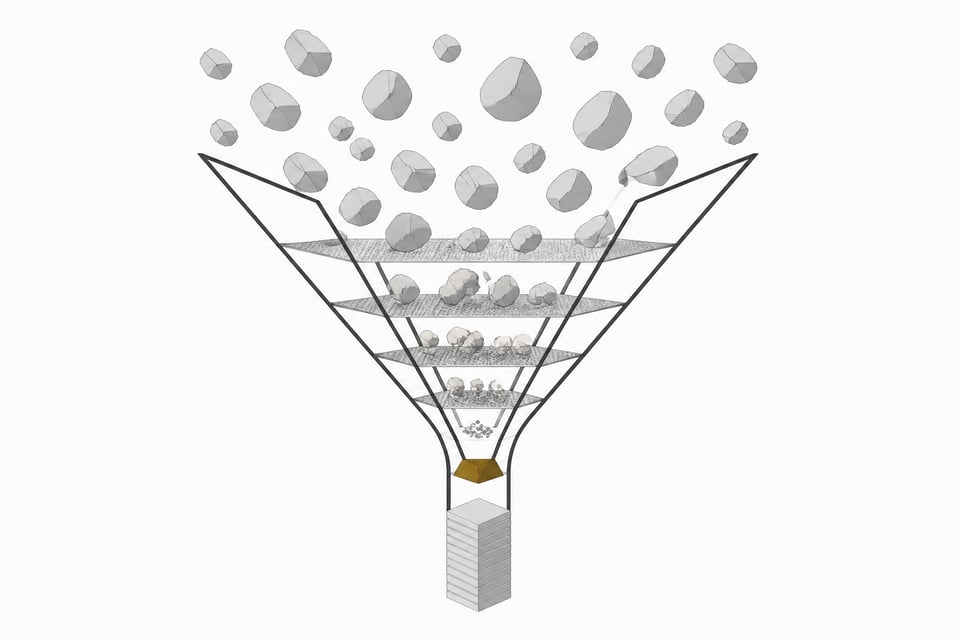 A funnel with internal filtering gates transforms a scatter of irregular rough blocks into a neat stack of uniform rectangular tiles, illustrating how a spec filters rough intent into precise, verifiable output for AI coding agents.