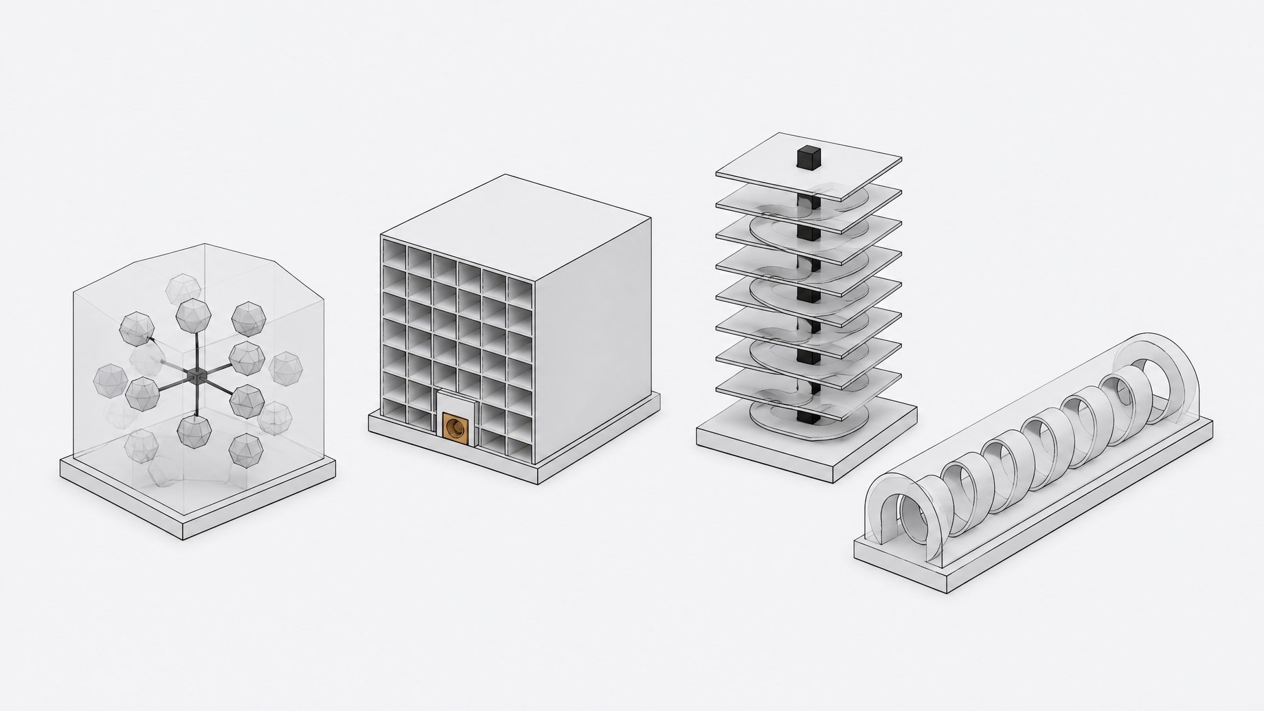 Four distinct abstract architectural modules—dense cube, sparse cluster-in-shell, layered stack with looping conduit, and helical tube—arranged side by side to represent different AI model architectures.