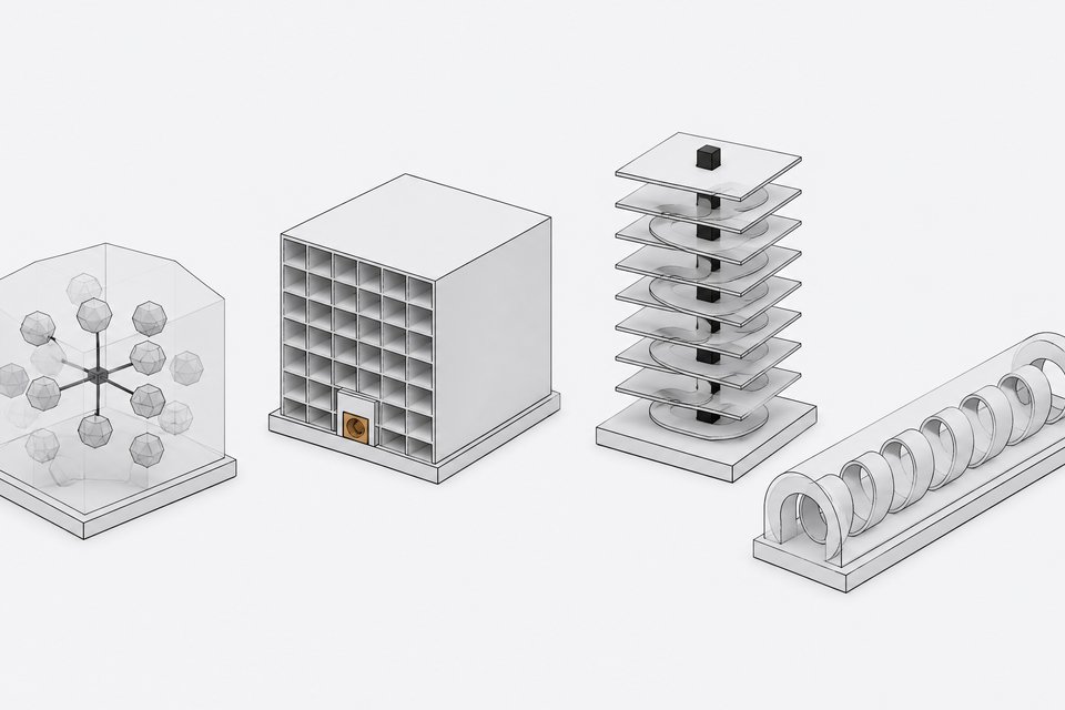 Four distinct abstract architectural modules—dense cube, sparse cluster-in-shell, layered stack with looping conduit, and helical tube—arranged side by side to represent different AI model architectures.