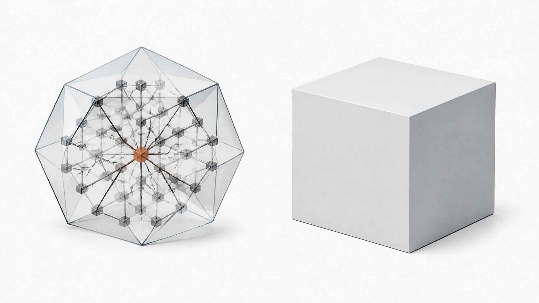 A translucent cracked crystalline lattice representing breakable encryption math sits beside an opaque sealed cube of the same size whose internal state cannot be seen.