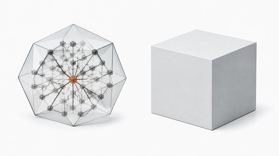 A translucent cracked crystalline lattice representing breakable encryption math sits beside an opaque sealed cube of the same size whose internal state cannot be seen.