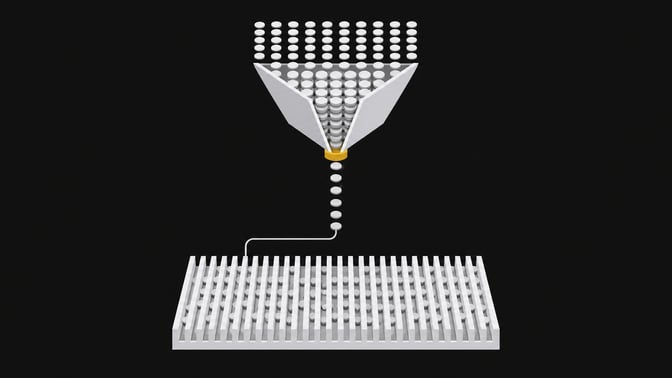 Diagram showing a bottlenecked funnel restricting a flow of tokens compared to a wide local hardware block accepting the same tokens without restriction.
