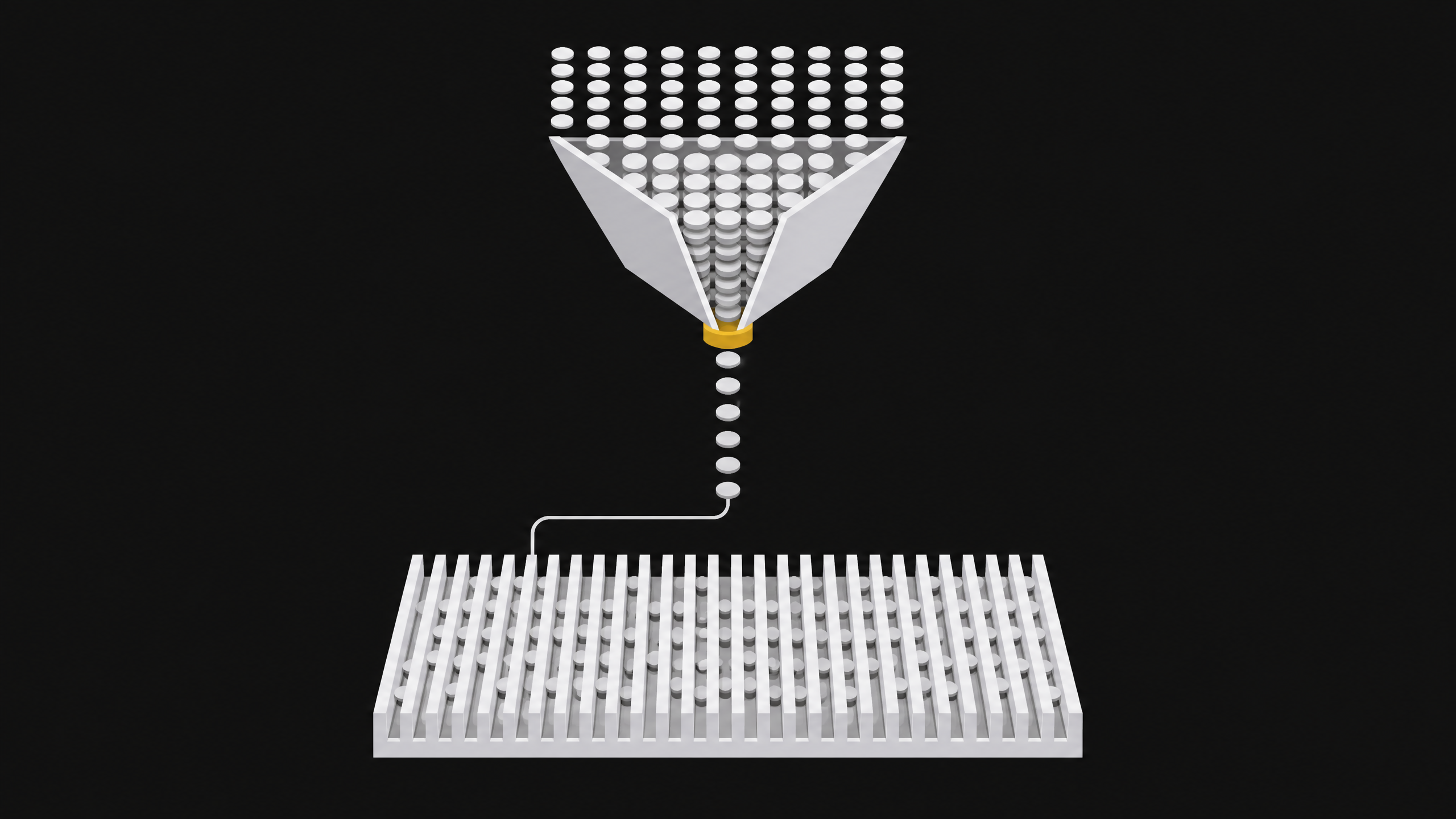 Diagram showing a bottlenecked funnel restricting a flow of tokens compared to a wide local hardware block accepting the same tokens without restriction.