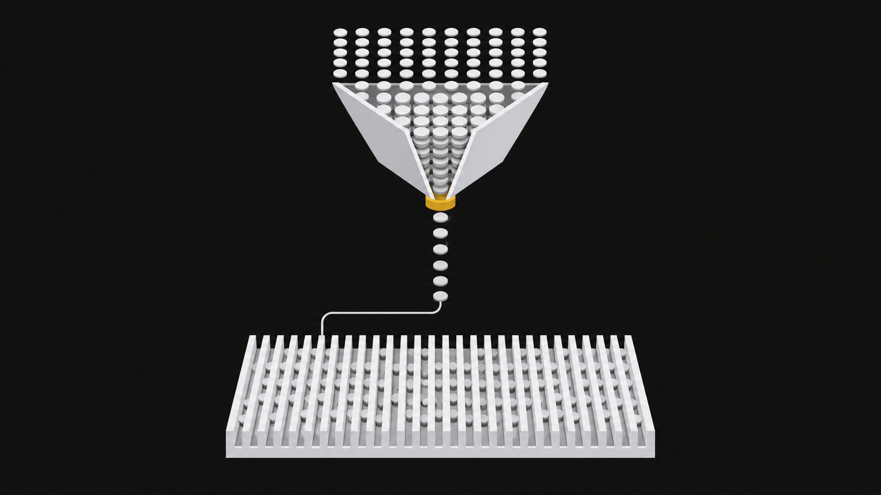 Diagram showing a bottlenecked funnel restricting a flow of tokens compared to a wide local hardware block accepting the same tokens without restriction.