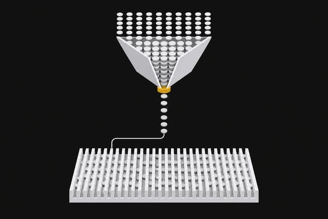 Diagram showing a bottlenecked funnel restricting a flow of tokens compared to a wide local hardware block accepting the same tokens without restriction.