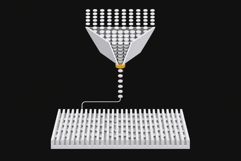 Diagram showing a bottlenecked funnel restricting a flow of tokens compared to a wide local hardware block accepting the same tokens without restriction.