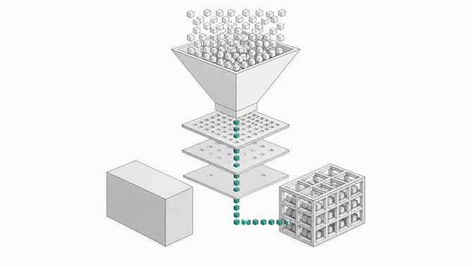 Illustration of a funnel filtering a dense stream of tokens through narrowing perforated plates into an open modular framework, contrasted with a sealed opaque vault, representing token cost reduction in LLM agent architectures.