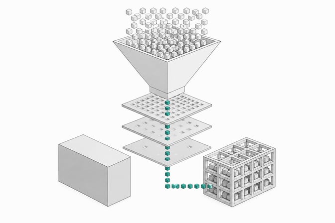 Illustration of a funnel filtering a dense stream of tokens through narrowing perforated plates into an open modular framework, contrasted with a sealed opaque vault, representing token cost reduction in LLM agent architectures.