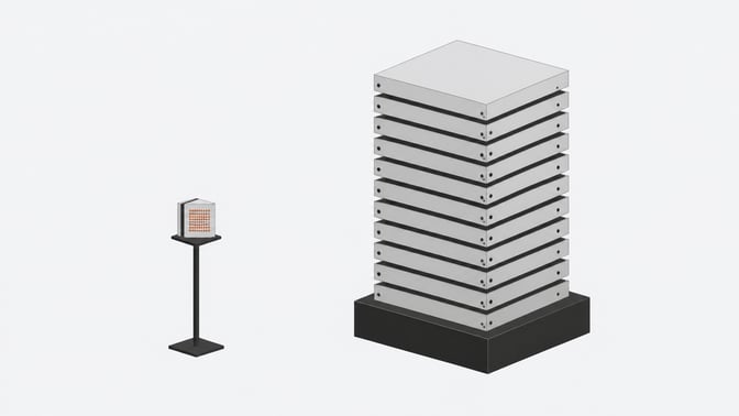 A small perforated processing module set beside a much larger stack of uniform flat slabs, illustrating the size disparity between lightweight internal computation and bulky per-seat software infrastructure.