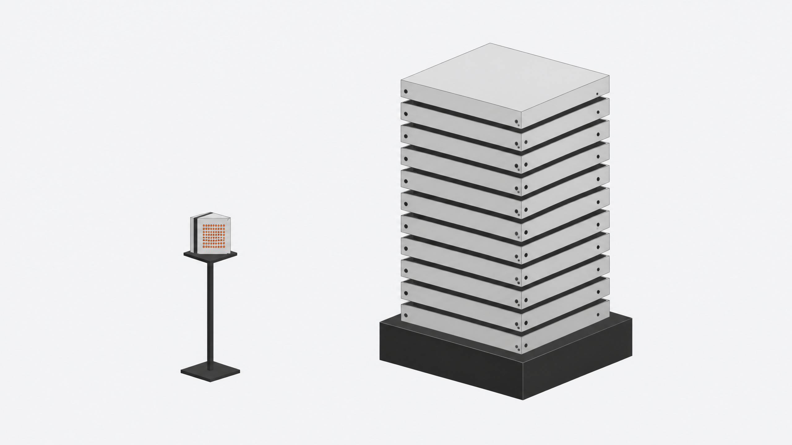 A small perforated processing module set beside a much larger stack of uniform flat slabs, illustrating the size disparity between lightweight internal computation and bulky per-seat software infrastructure.