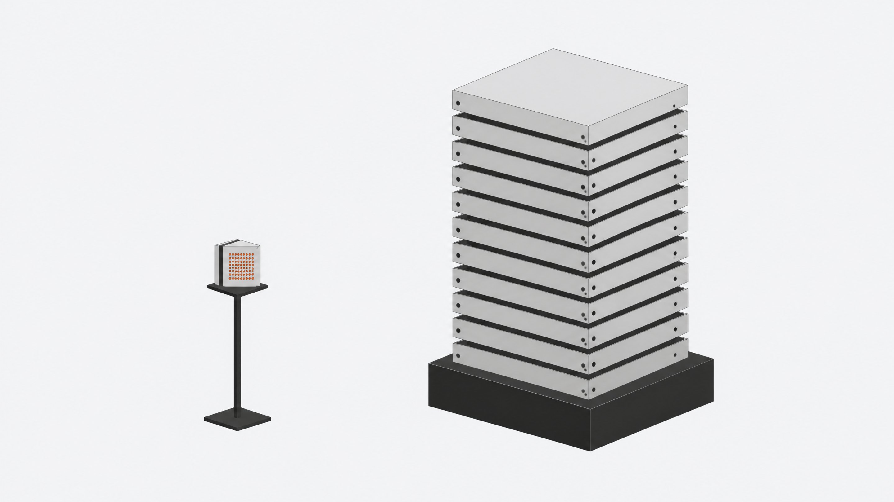 A small perforated processing module set beside a much larger stack of uniform flat slabs, illustrating the size disparity between lightweight internal computation and bulky per-seat software infrastructure.