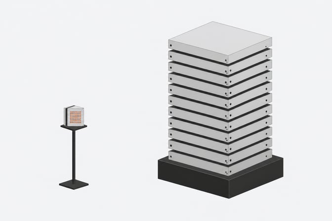 A small perforated processing module set beside a much larger stack of uniform flat slabs, illustrating the size disparity between lightweight internal computation and bulky per-seat software infrastructure.