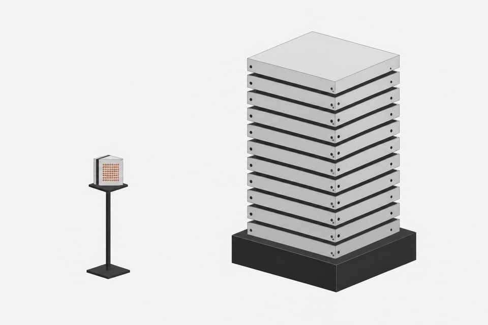 A small perforated processing module set beside a much larger stack of uniform flat slabs, illustrating the size disparity between lightweight internal computation and bulky per-seat software infrastructure.
