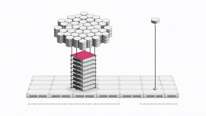 An architectural diagram comparing a lattice of model-parameter blocks and a stacked column of GPU units against a single slender API endpoint node, illustrating the infrastructure cost of self-hosting an open-weight AI model versus calling a hosted API.