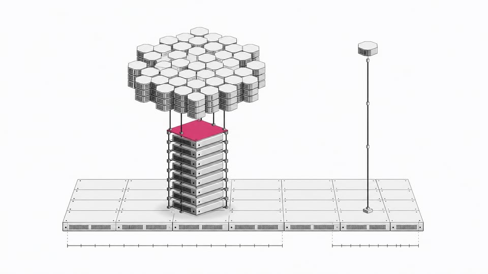 An architectural diagram comparing a lattice of model-parameter blocks and a stacked column of GPU units against a single slender API endpoint node, illustrating the infrastructure cost of self-hosting an open-weight AI model versus calling a hosted API.
