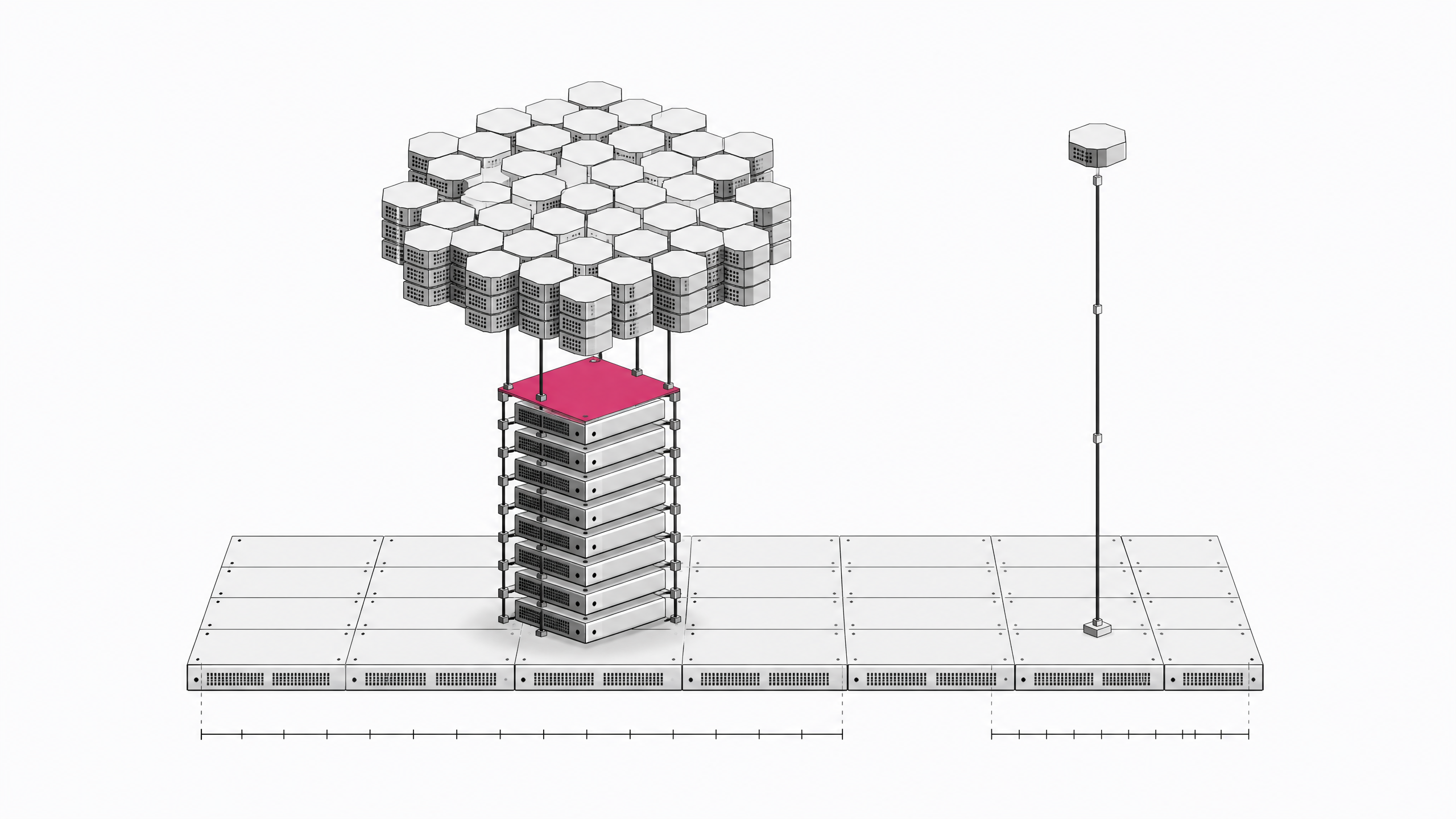 An architectural diagram comparing a lattice of model-parameter blocks and a stacked column of GPU units against a single slender API endpoint node, illustrating the infrastructure cost of self-hosting an open-weight AI model versus calling a hosted API.