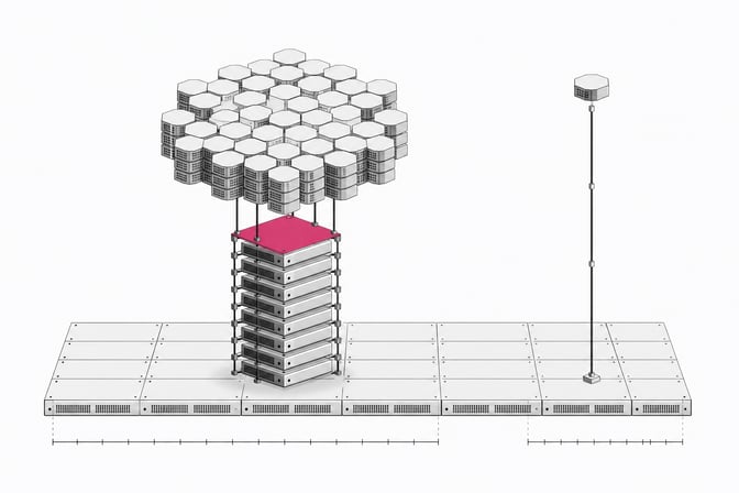 An architectural diagram comparing a lattice of model-parameter blocks and a stacked column of GPU units against a single slender API endpoint node, illustrating the infrastructure cost of self-hosting an open-weight AI model versus calling a hosted API.