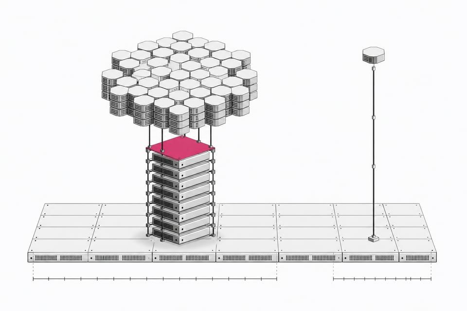 An architectural diagram comparing a lattice of model-parameter blocks and a stacked column of GPU units against a single slender API endpoint node, illustrating the infrastructure cost of self-hosting an open-weight AI model versus calling a hosted API.