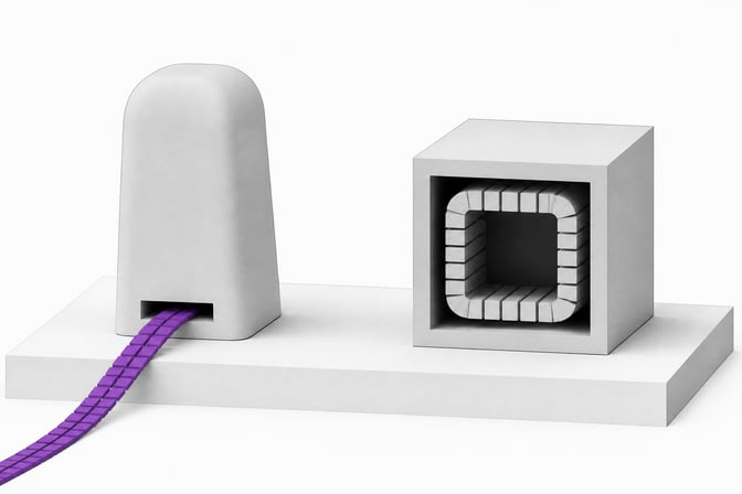 Two equal-sized hardware modules compared side by side: one sends a stream of code tokens outward and away, the other keeps its code tokens looped inside a closed internal circuit, illustrating cloud AI versus local model inference.