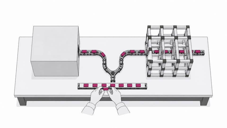 A sealed opaque cube and an open lattice framework sit side by side on a workbench, each receiving a stream of small blank tokens from a shared conveyor track, illustrating opaque versus legible AI coding systems.