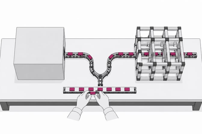 A sealed opaque cube and an open lattice framework sit side by side on a workbench, each receiving a stream of small blank tokens from a shared conveyor track, illustrating opaque versus legible AI coding systems.