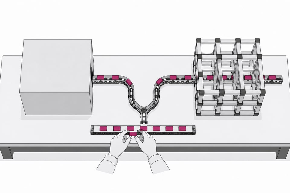A sealed opaque cube and an open lattice framework sit side by side on a workbench, each receiving a stream of small blank tokens from a shared conveyor track, illustrating opaque versus legible AI coding systems.