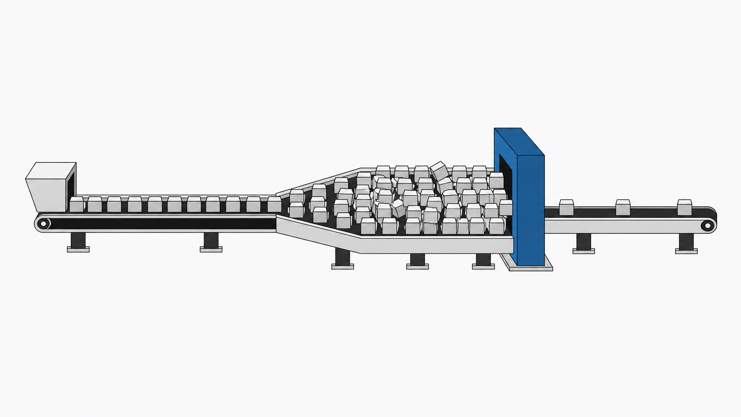 A wide input stream of small blocks overwhelms a narrow single-lane checkpoint gate, causing a visible backlog compared to the slower, thinner output beyond it.