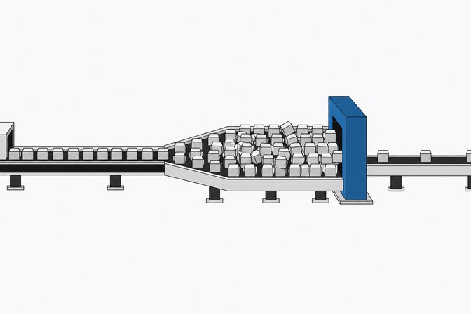 A wide input stream of small blocks overwhelms a narrow single-lane checkpoint gate, causing a visible backlog compared to the slower, thinner output beyond it.