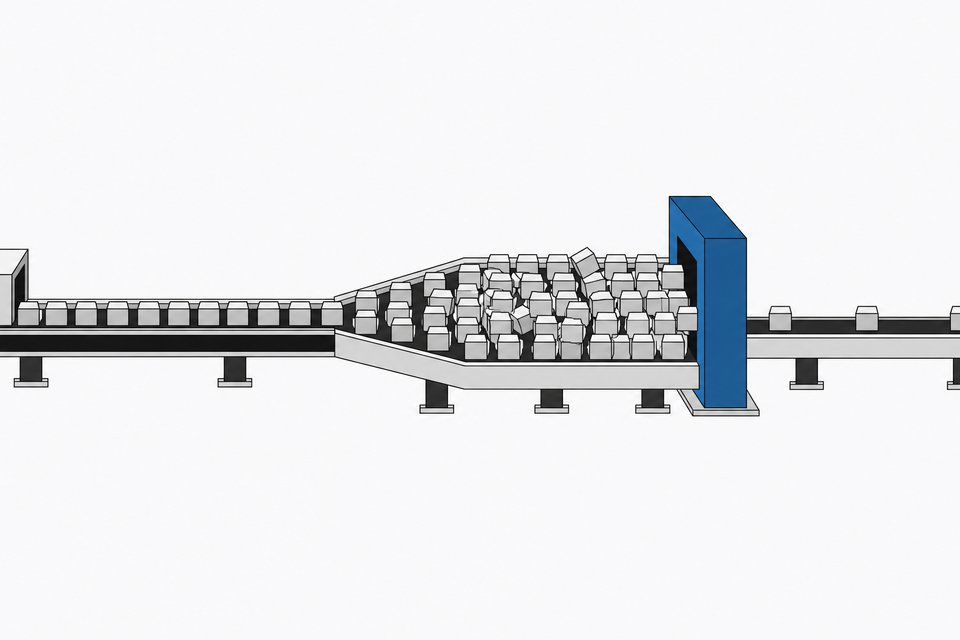 A wide input stream of small blocks overwhelms a narrow single-lane checkpoint gate, causing a visible backlog compared to the slower, thinner output beyond it.