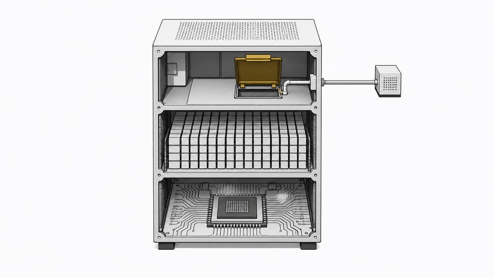 Cutaway diagram of a computer tower showing a processor layer, a model-parameter layer, and a hatch connecting to an external node, illustrating who controls access to on-device AI computation.