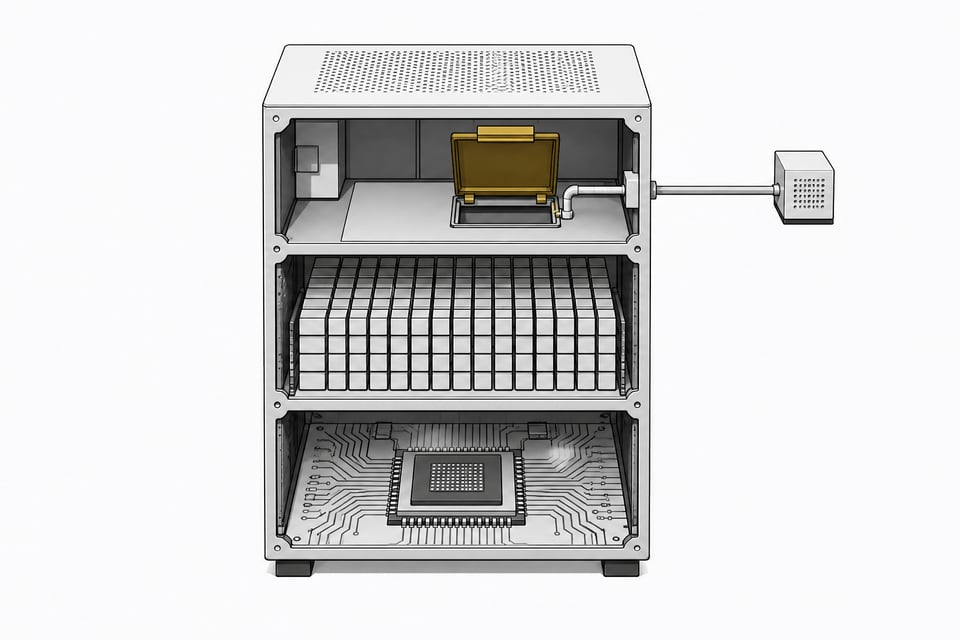 Cutaway diagram of a computer tower showing a processor layer, a model-parameter layer, and a hatch connecting to an external node, illustrating who controls access to on-device AI computation.