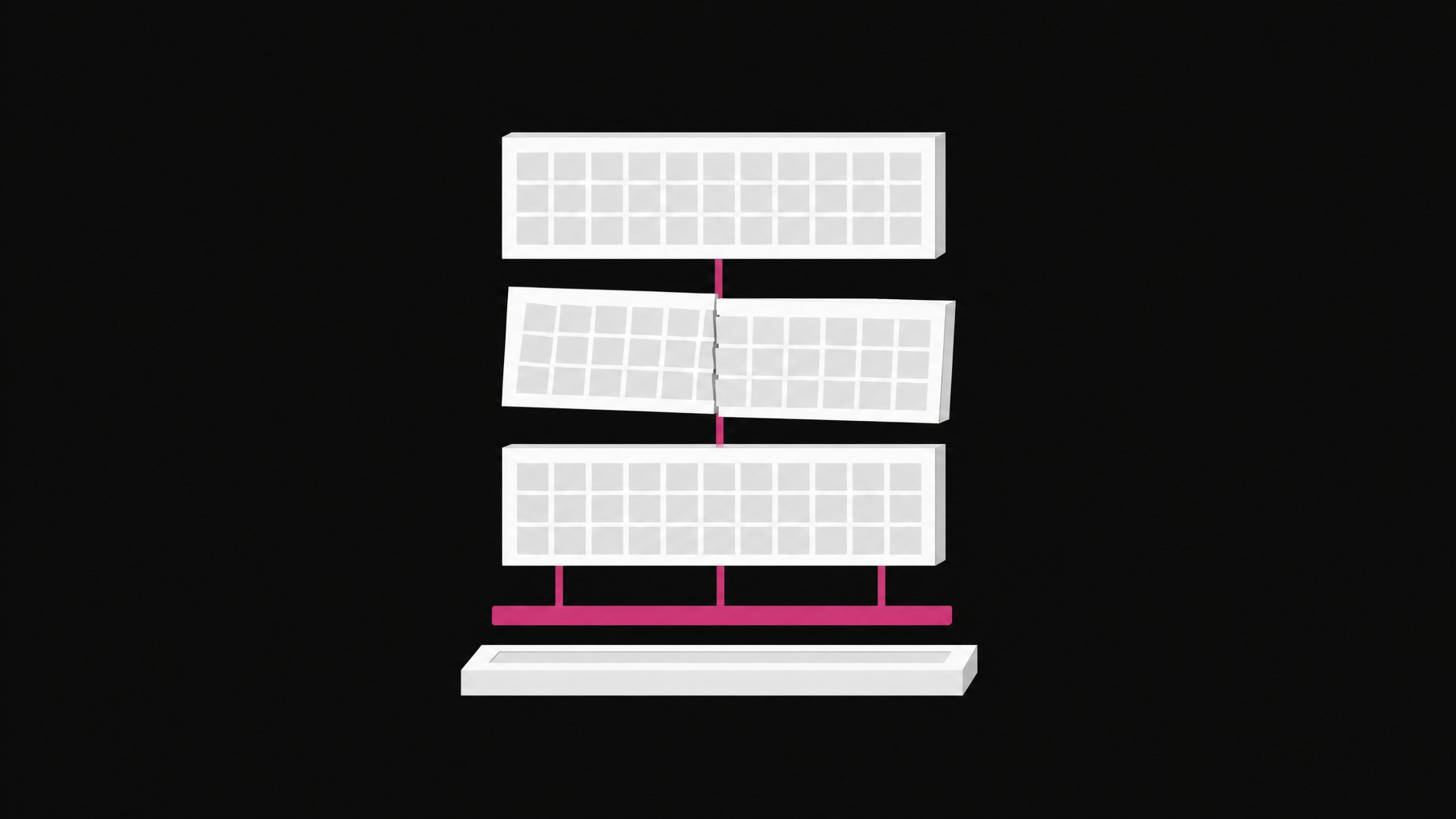 A single shared update conduit feeding three stacked software modules simultaneously, with one module visibly misaligned and cracked while the others remain intact.