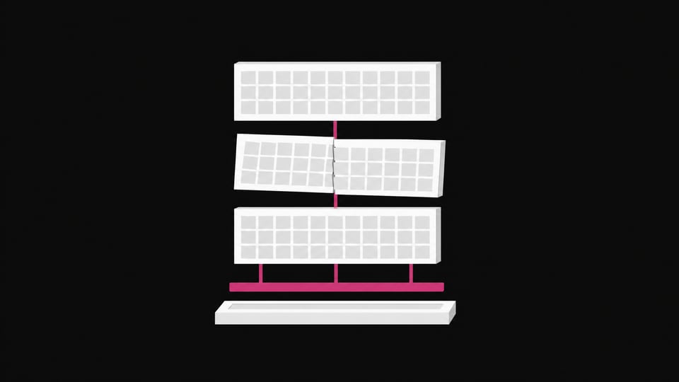 A single shared update conduit feeding three stacked software modules simultaneously, with one module visibly misaligned and cracked while the others remain intact.