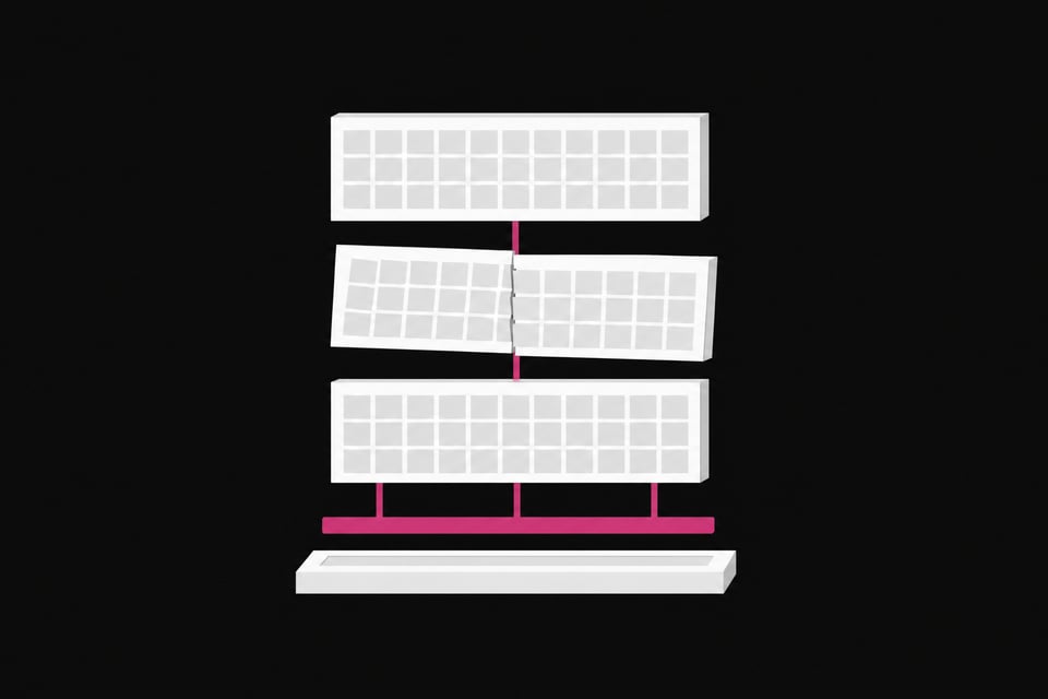 A single shared update conduit feeding three stacked software modules simultaneously, with one module visibly misaligned and cracked while the others remain intact.