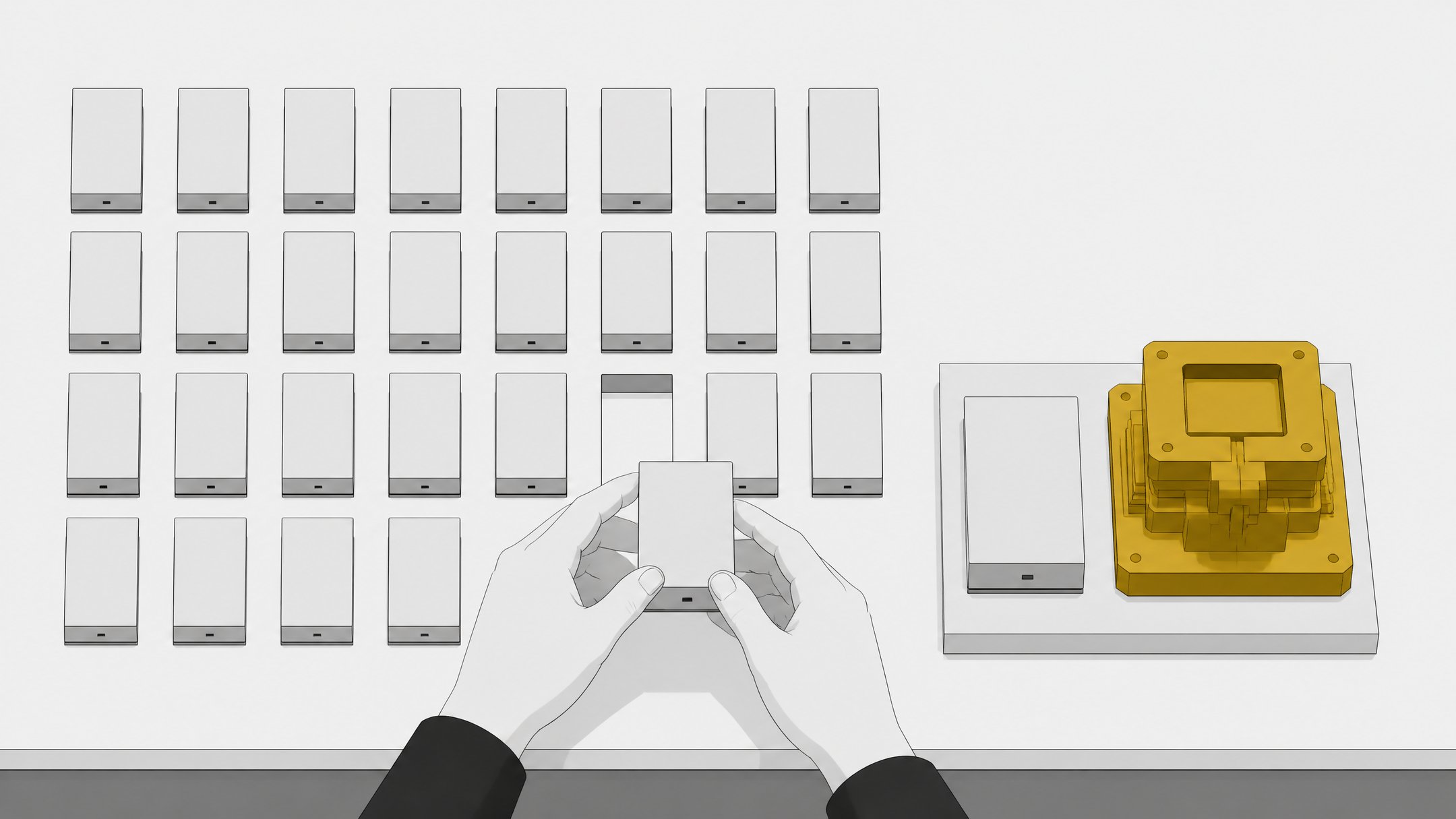A grid of identical simple blocks with one lifted aside by a pair of hands, next to a single larger, more intricately structured module, illustrating automated boilerplate versus hand-built development work.