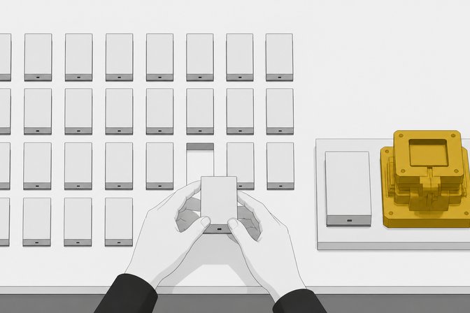 A grid of identical simple blocks with one lifted aside by a pair of hands, next to a single larger, more intricately structured module, illustrating automated boilerplate versus hand-built development work.