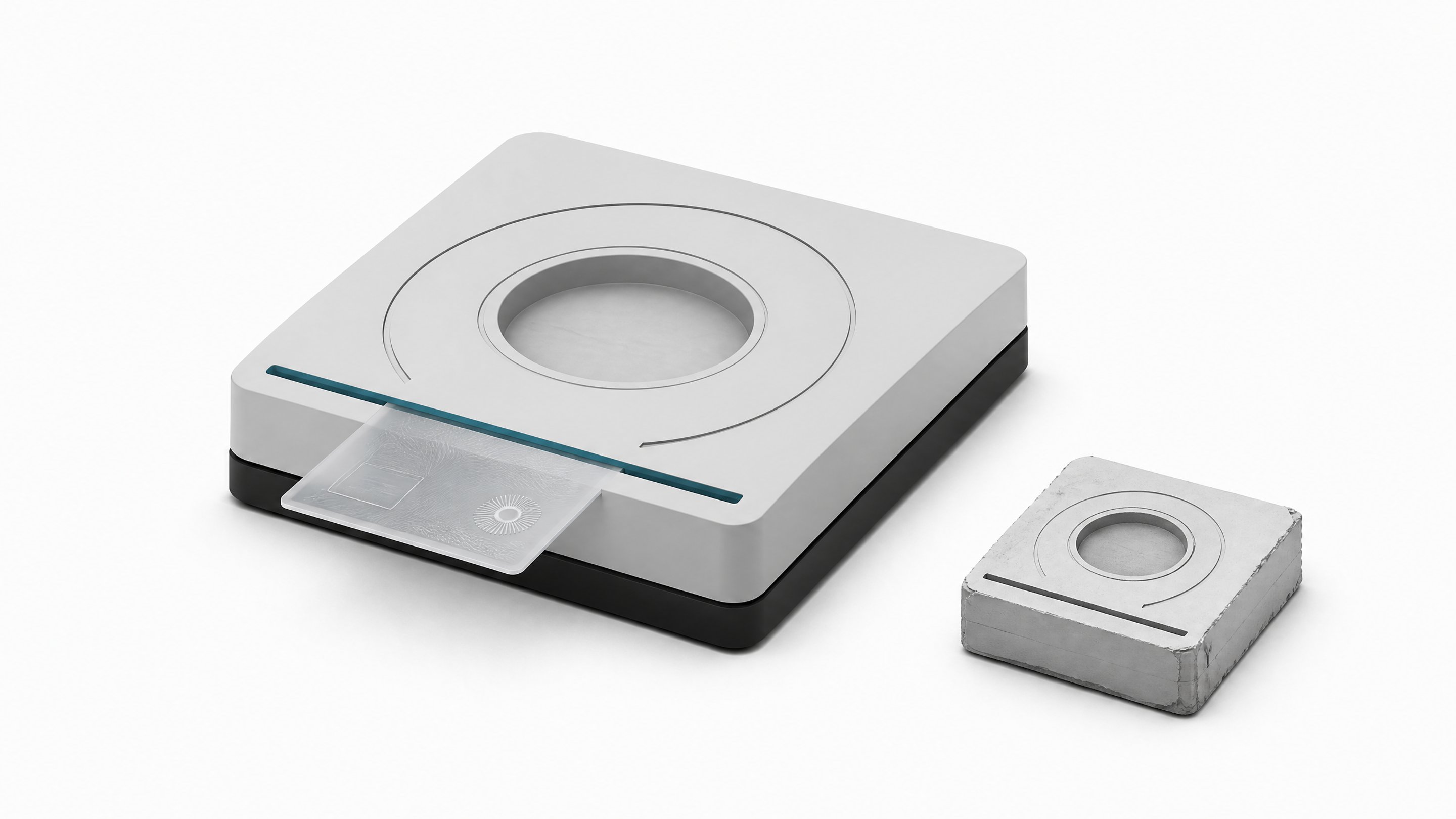 A precise scanning kiosk module with a card token passing through an accented scan-slit, next to a smaller, rougher duplicate module, representing the choice between buying and building an identity-verification system.