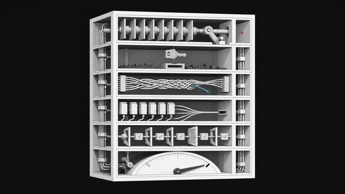 Cutaway diagram of an enterprise software stack as a six-chambered mechanical cube, each chamber depicting a hidden structural flaw such as a jammed exit gate, an out-of-reach key module, a frayed authentication cable, an overloaded port, an unguarded token gate, and a maxed-out dial.