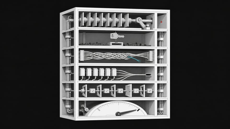 Cutaway diagram of an enterprise software stack as a six-chambered mechanical cube, each chamber depicting a hidden structural flaw such as a jammed exit gate, an out-of-reach key module, a frayed authentication cable, an overloaded port, an unguarded token gate, and a maxed-out dial.