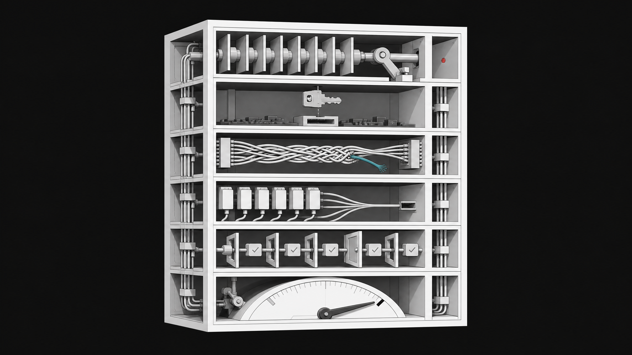 Cutaway diagram of an enterprise software stack as a six-chambered mechanical cube, each chamber depicting a hidden structural flaw such as a jammed exit gate, an out-of-reach key module, a frayed authentication cable, an overloaded port, an unguarded token gate, and a maxed-out dial.