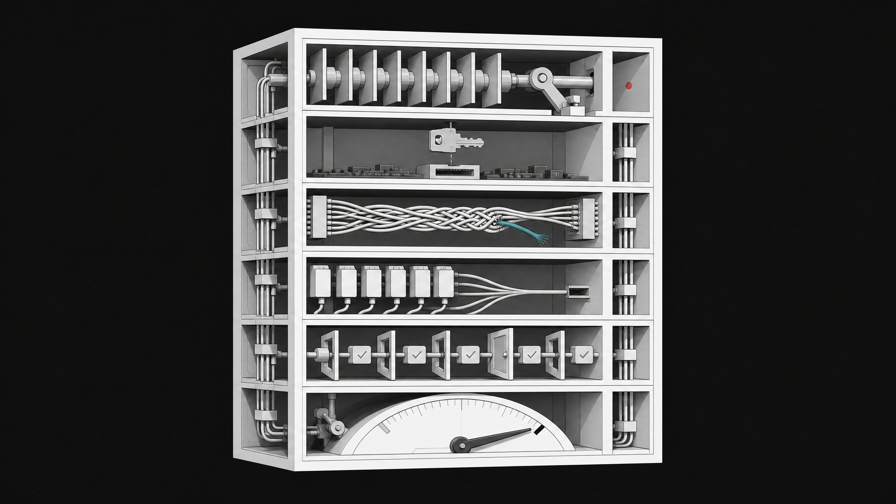 Cutaway diagram of an enterprise software stack as a six-chambered mechanical cube, each chamber depicting a hidden structural flaw such as a jammed exit gate, an out-of-reach key module, a frayed authentication cable, an overloaded port, an unguarded token gate, and a maxed-out dial.