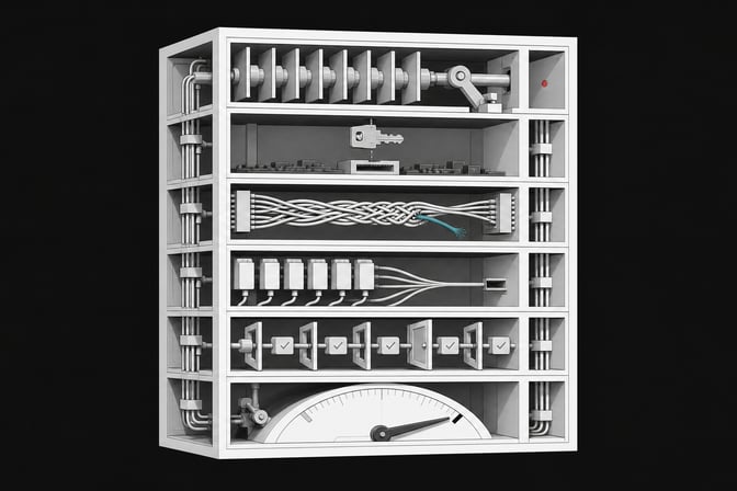 Cutaway diagram of an enterprise software stack as a six-chambered mechanical cube, each chamber depicting a hidden structural flaw such as a jammed exit gate, an out-of-reach key module, a frayed authentication cable, an overloaded port, an unguarded token gate, and a maxed-out dial.