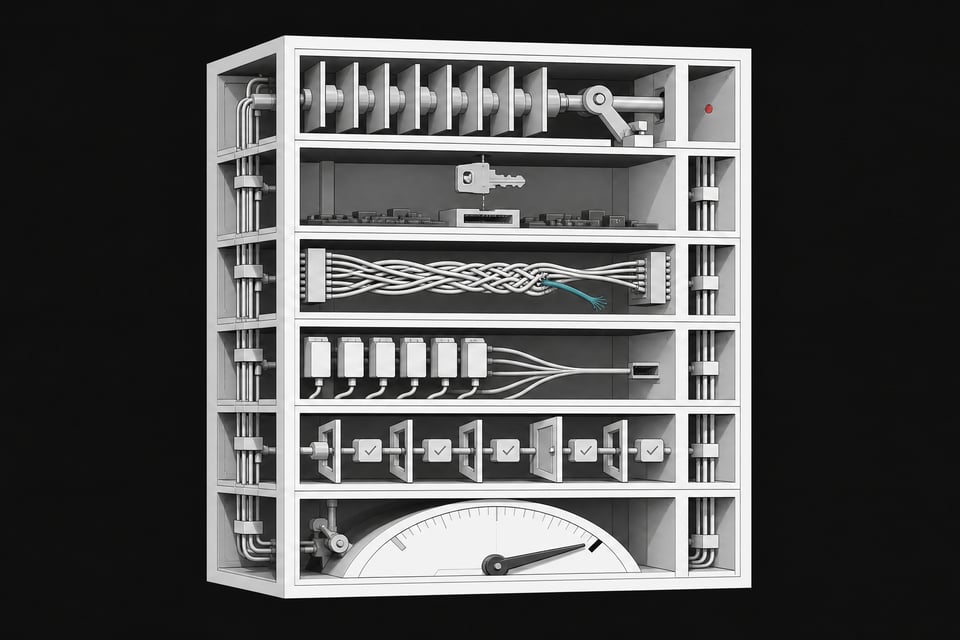 Cutaway diagram of an enterprise software stack as a six-chambered mechanical cube, each chamber depicting a hidden structural flaw such as a jammed exit gate, an out-of-reach key module, a frayed authentication cable, an overloaded port, an unguarded token gate, and a maxed-out dial.