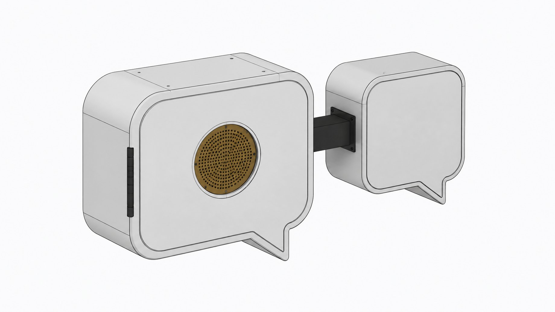 An abstract illustration of a chatbot module connected by a short conduit to a second identical module behind it, with a single accent-colored panel marking the component under legal scrutiny.