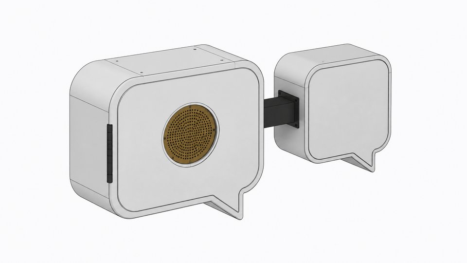 An abstract illustration of a chatbot module connected by a short conduit to a second identical module behind it, with a single accent-colored panel marking the component under legal scrutiny.
